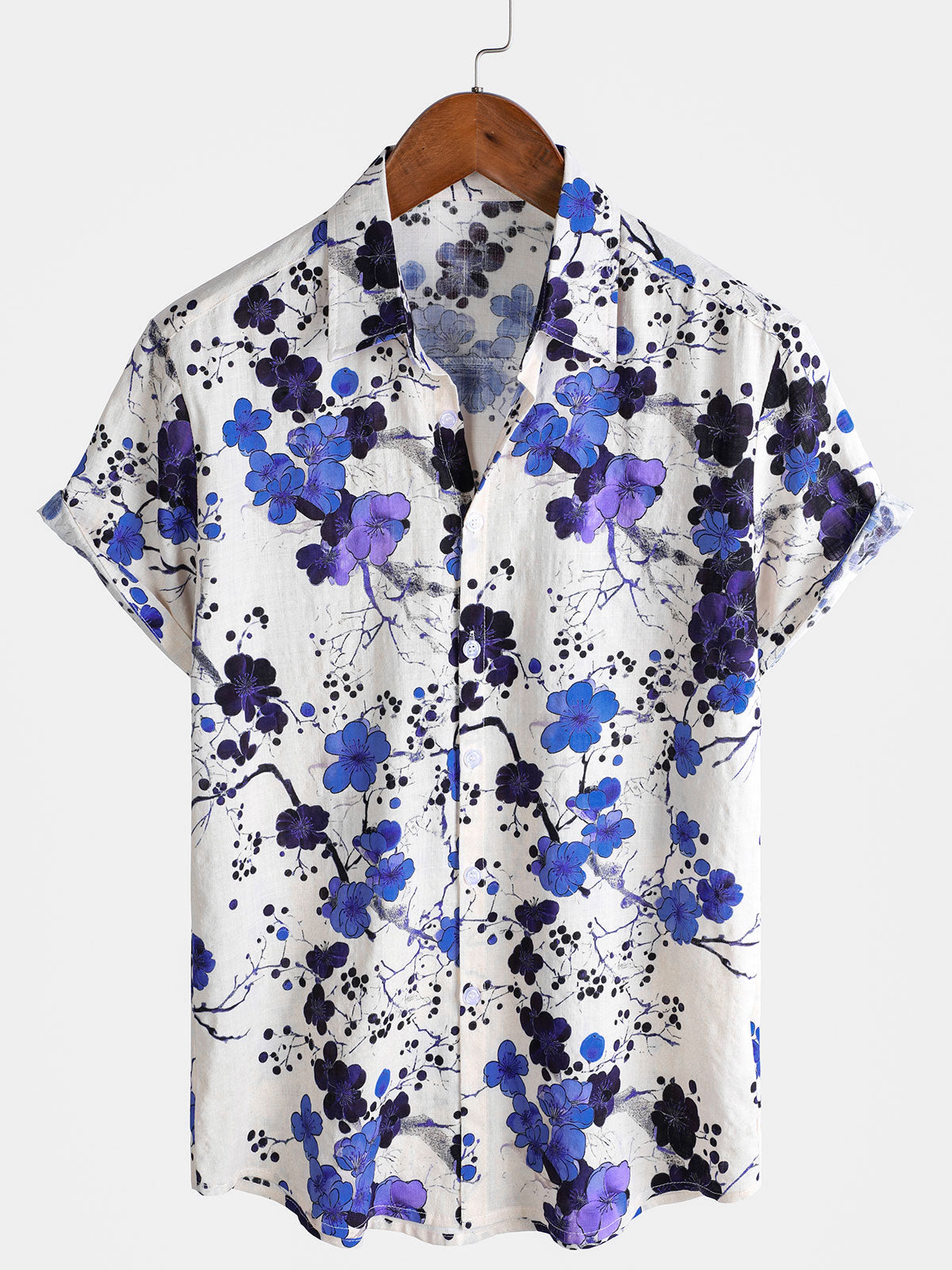 Camisa retro Blue Blossom Summer Holiday de manga corta para hombre