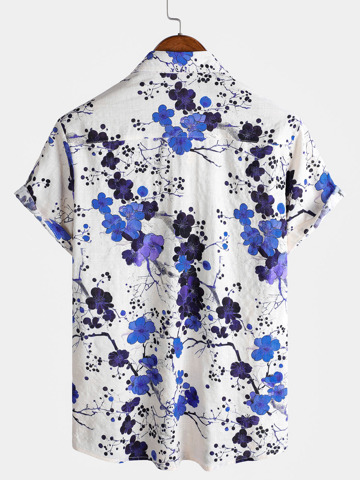Camisa retro Blue Blossom Summer Holiday de manga corta para hombre