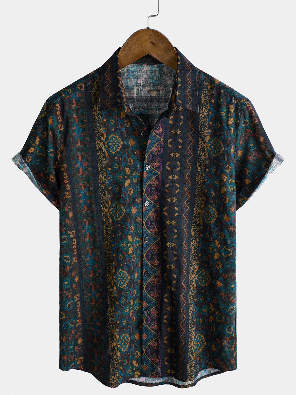 Camisa Boho retro floral estampado a rayas para hombre
