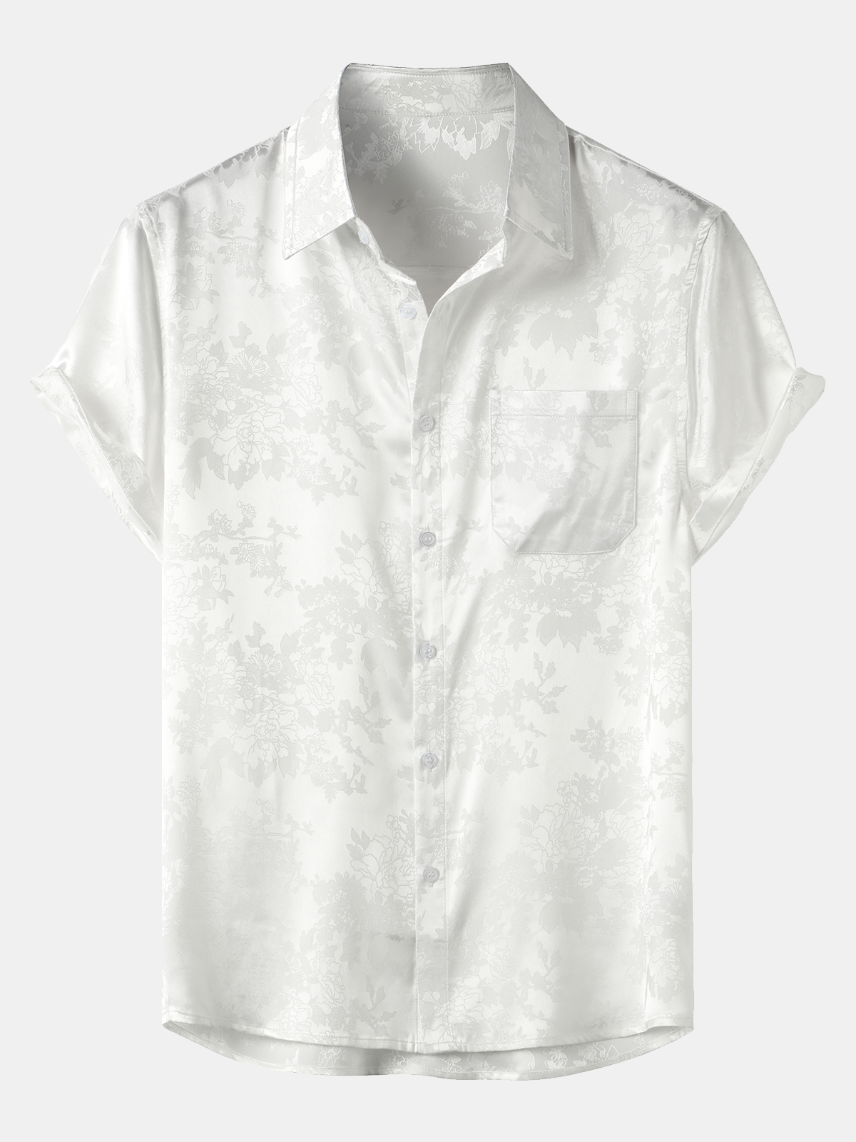 Camisa Jacquard Pocket Silky Satin floral de manga corta para hombre