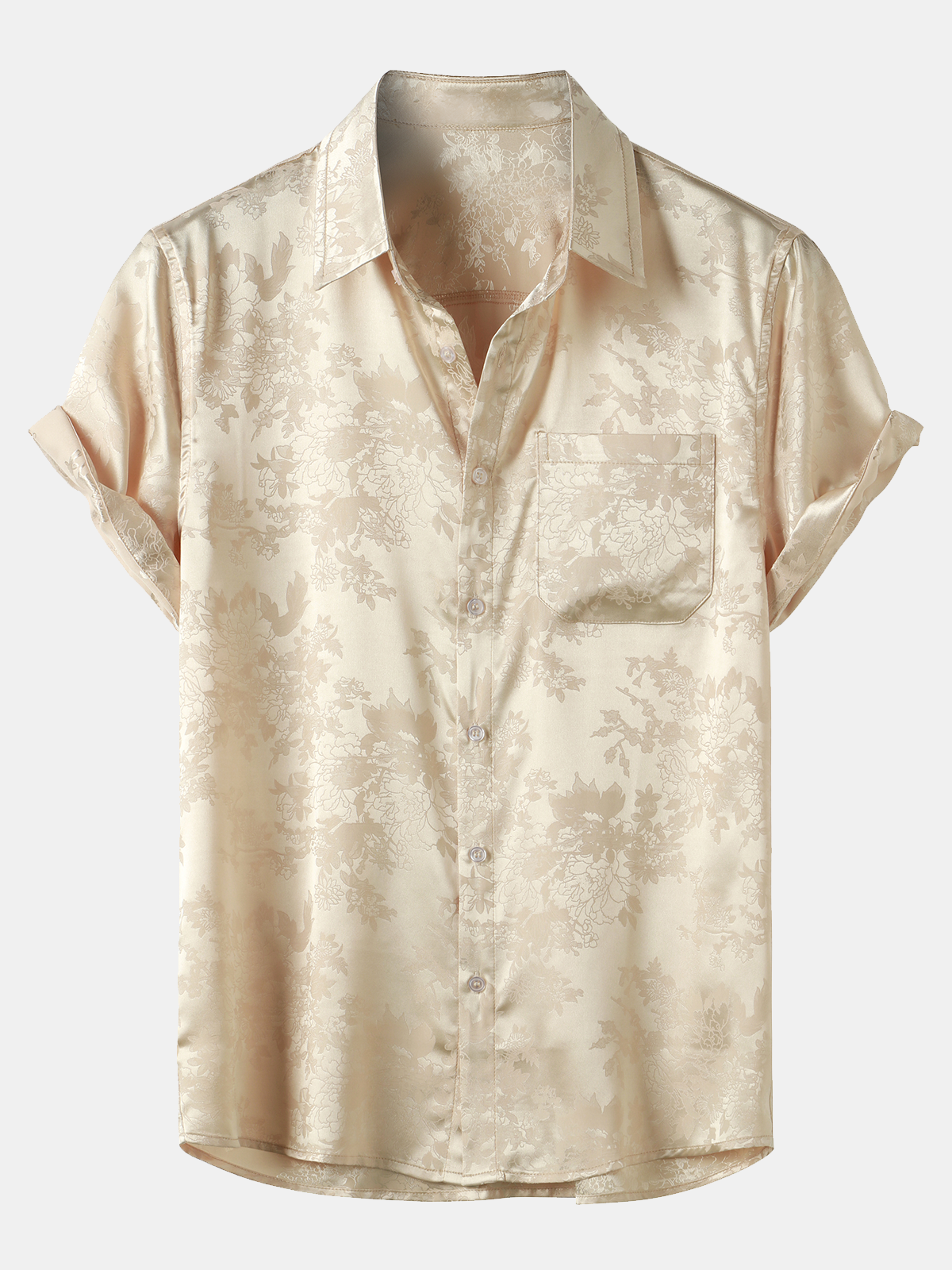 Camisa Jacquard Pocket Silky Satin floral de manga corta para hombre