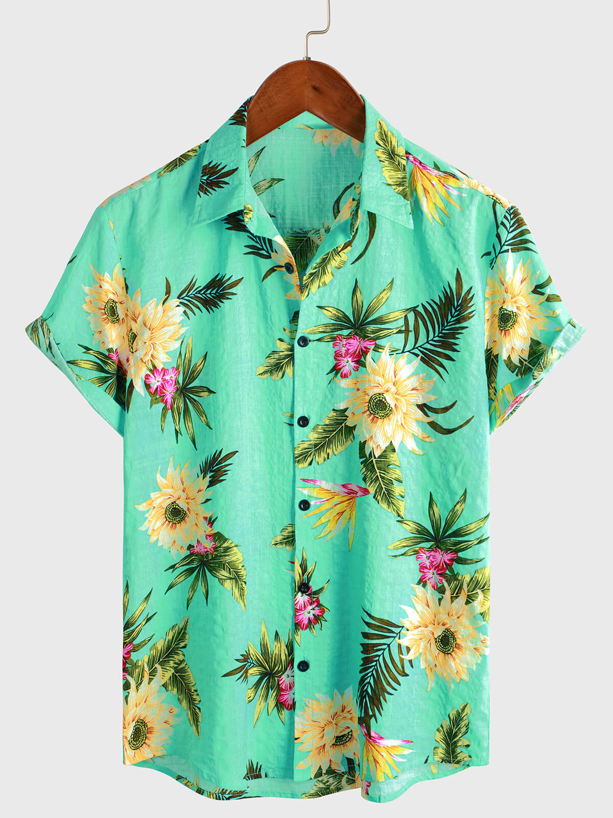 Camisa casual Tropical floral estampado Light Green Hawaiian Holiday de manga corta para hombre