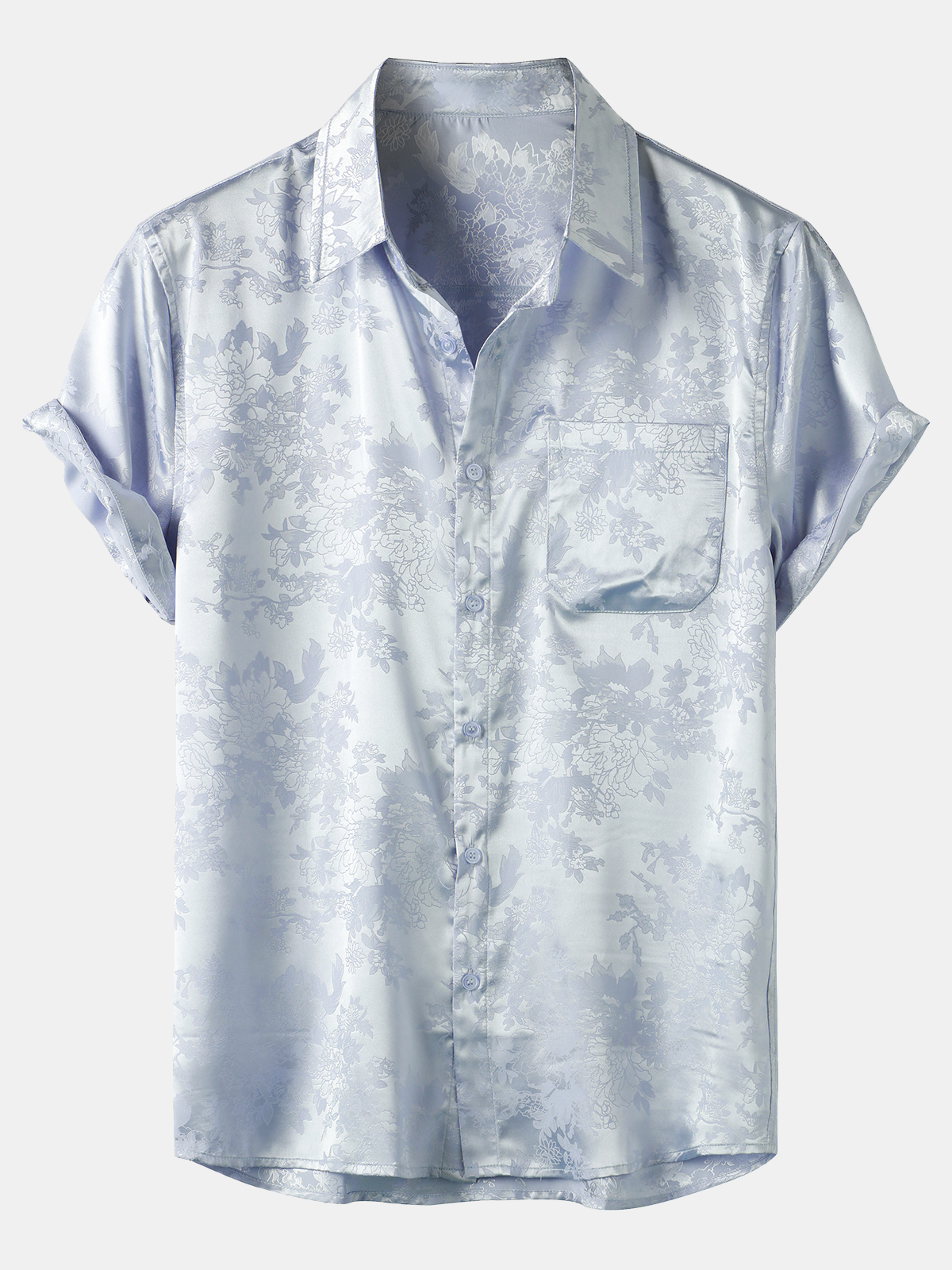 Camisa Jacquard Pocket Silky Satin floral de manga corta para hombre