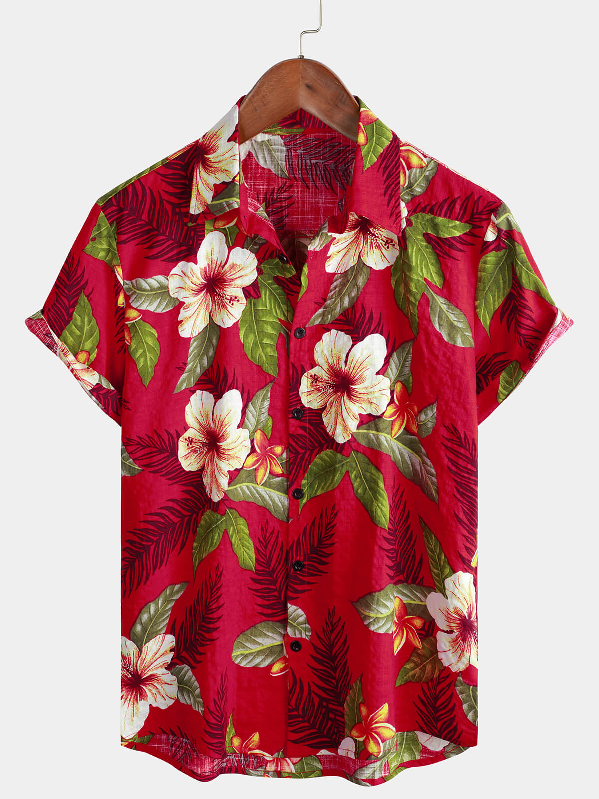 Camisa Red Hawaiian Summer Tropical floral estampado Button Up de manga corta para hombre