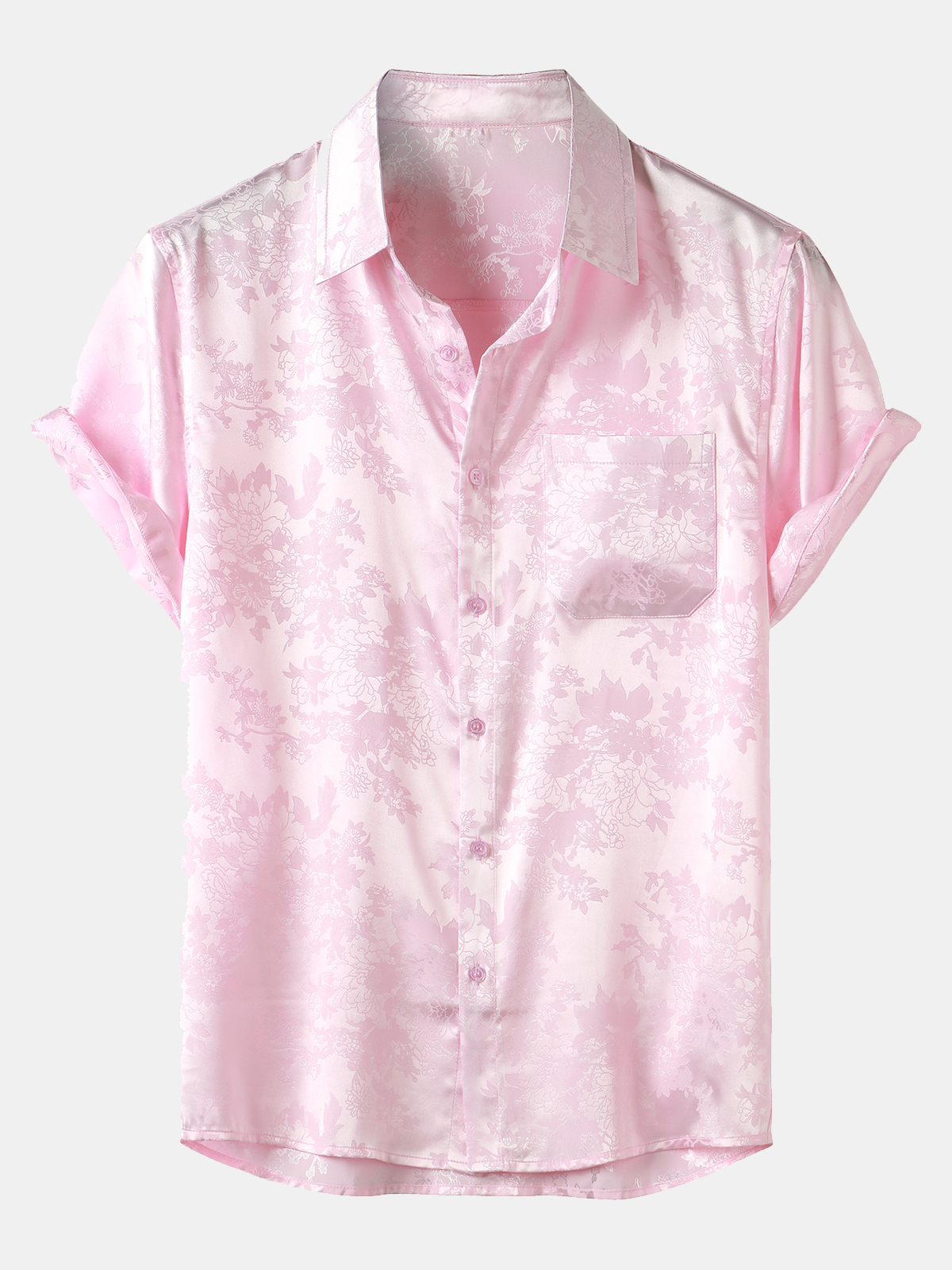 Camisa casual Jacquard Silky Satin floral Pocket de manga corta para hombre