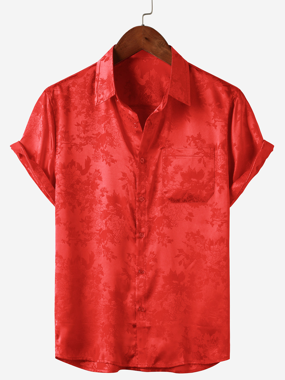 Camisa casual Jacquard Silky Satin floral Pocket de manga corta para hombre