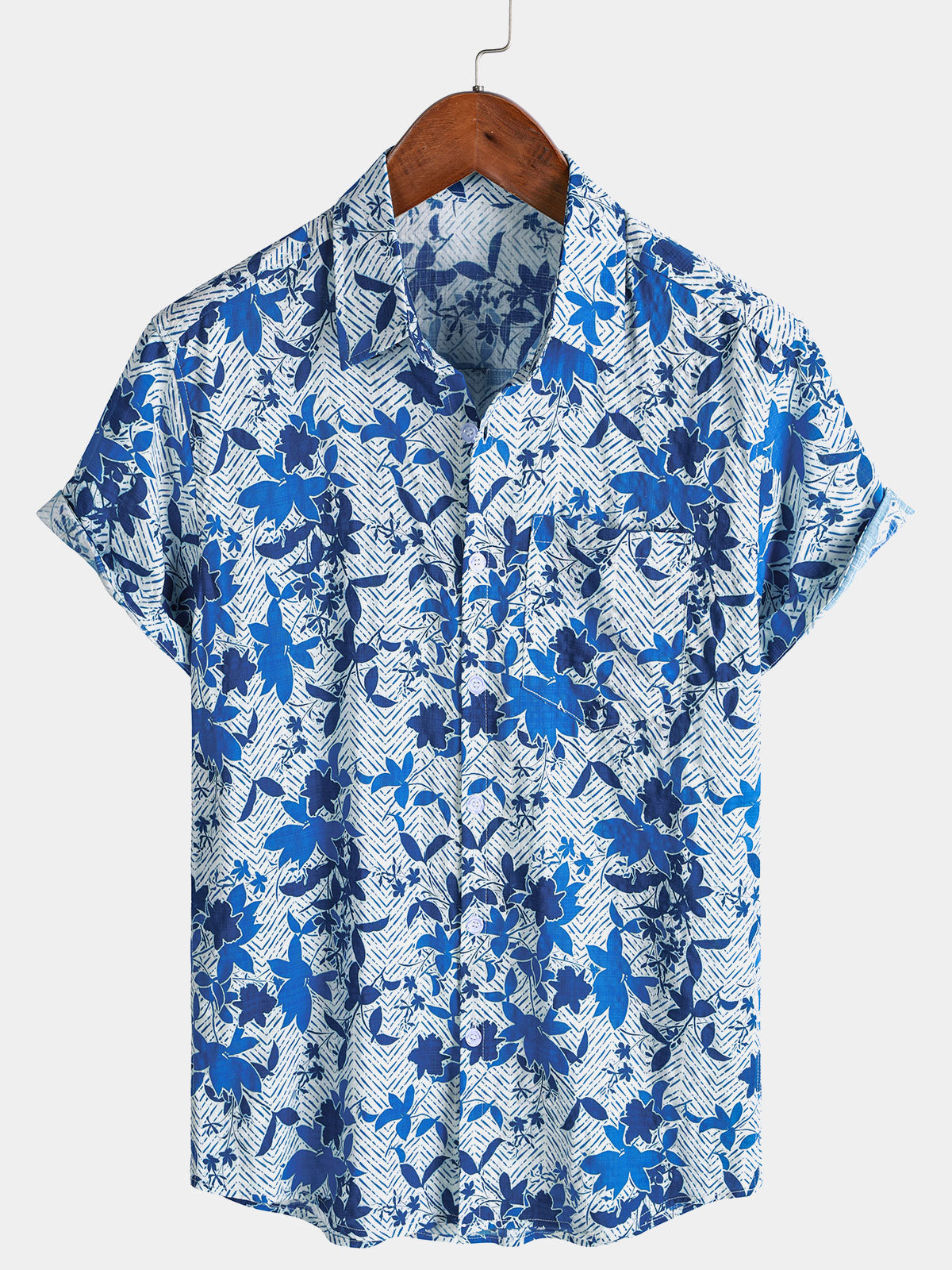 Camisa Hawaiian Beach Blue floral estampado transpirable Lightweight Chest Pocket de manga corta para hombre