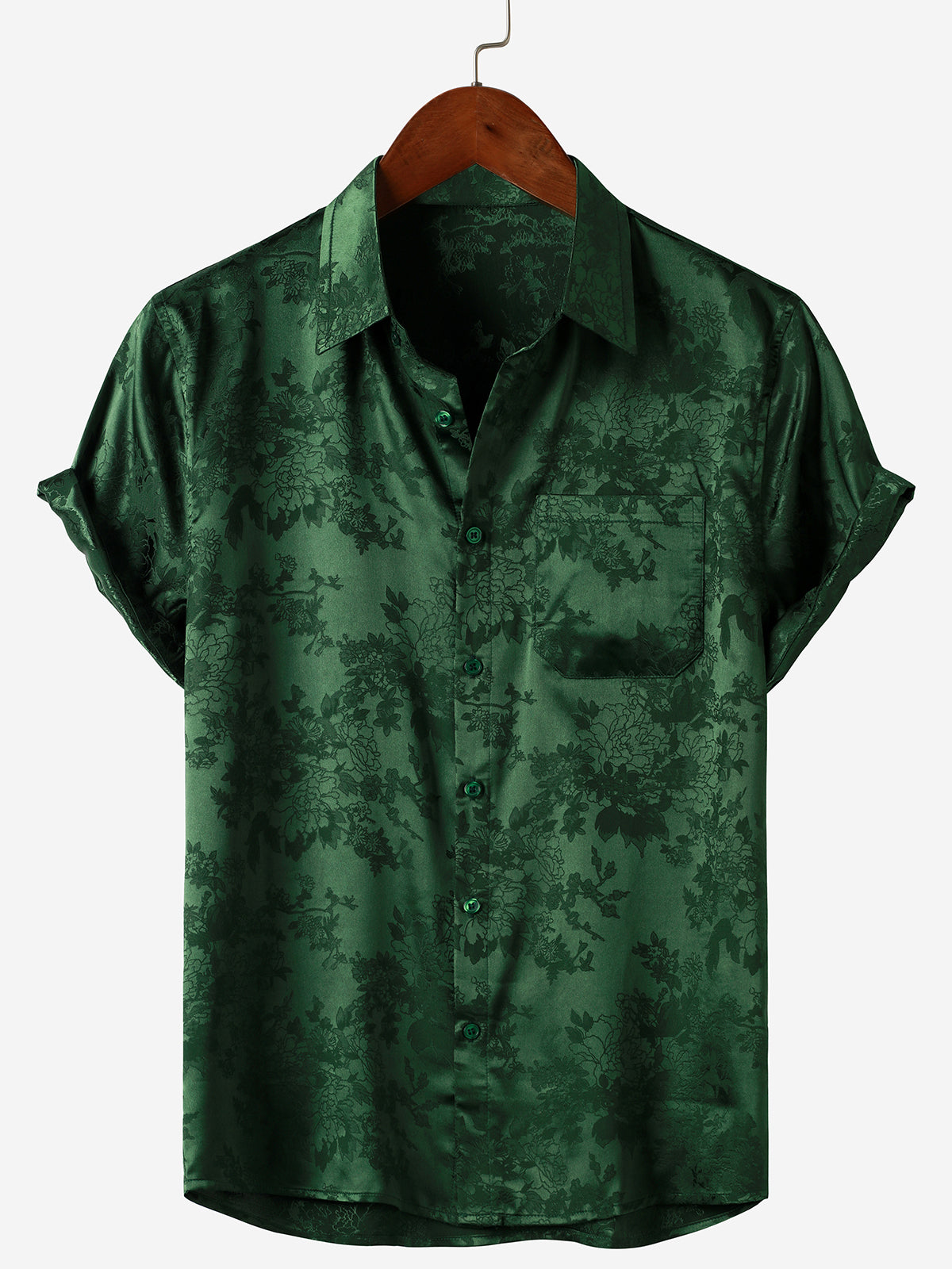Camisa Jacquard Pocket Silky Satin floral de manga corta para hombre