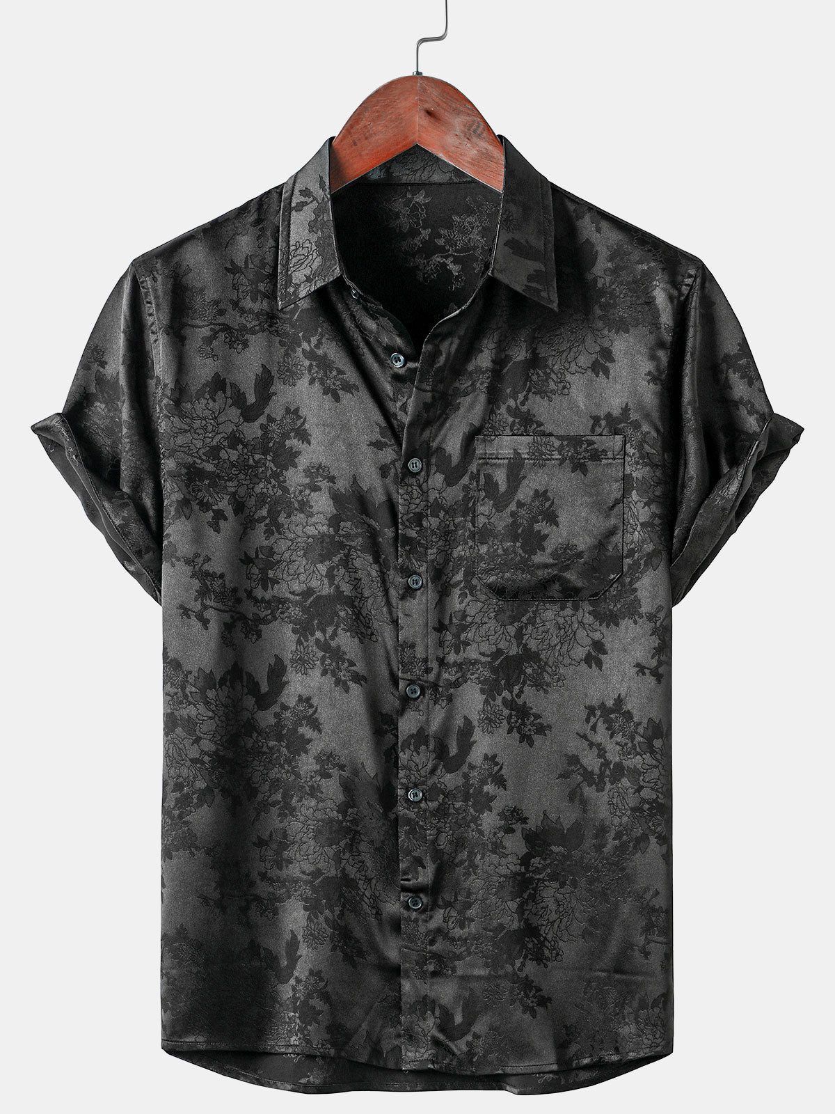 Camisa casual Jacquard Silky Satin floral Pocket de manga corta para hombre