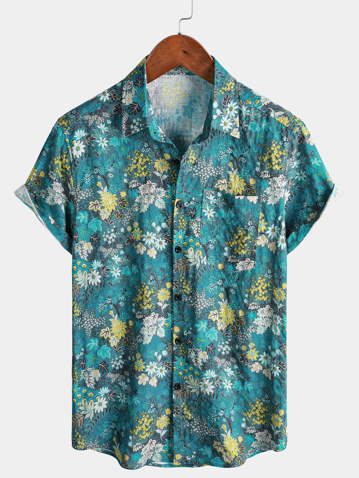 Camisa Hawaiian Tropical White Yellow floral estampado Chest Pocket de manga corta para hombre
