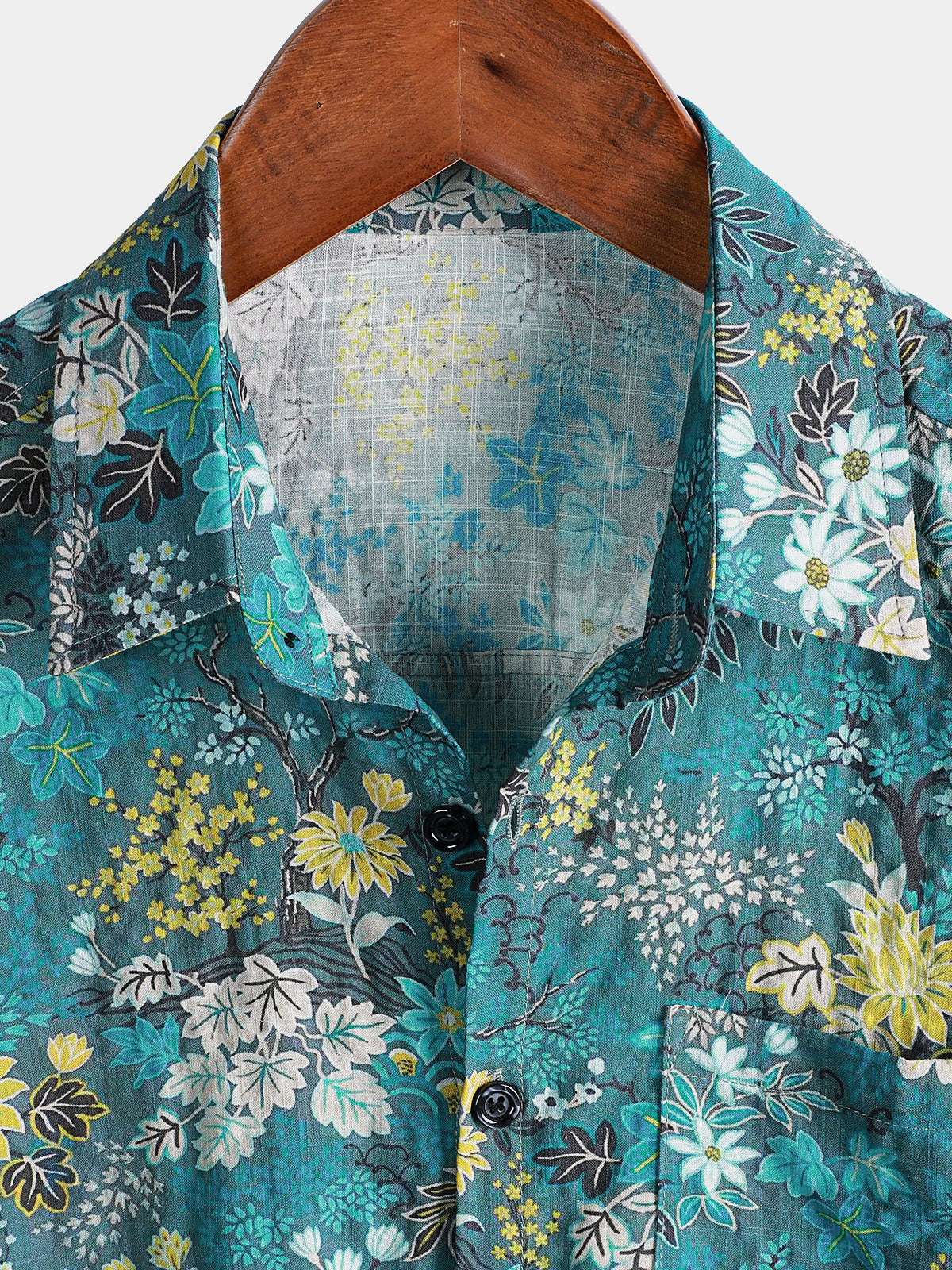 Camisa Hawaiian Tropical White Yellow floral estampado Chest Pocket de manga corta para hombre