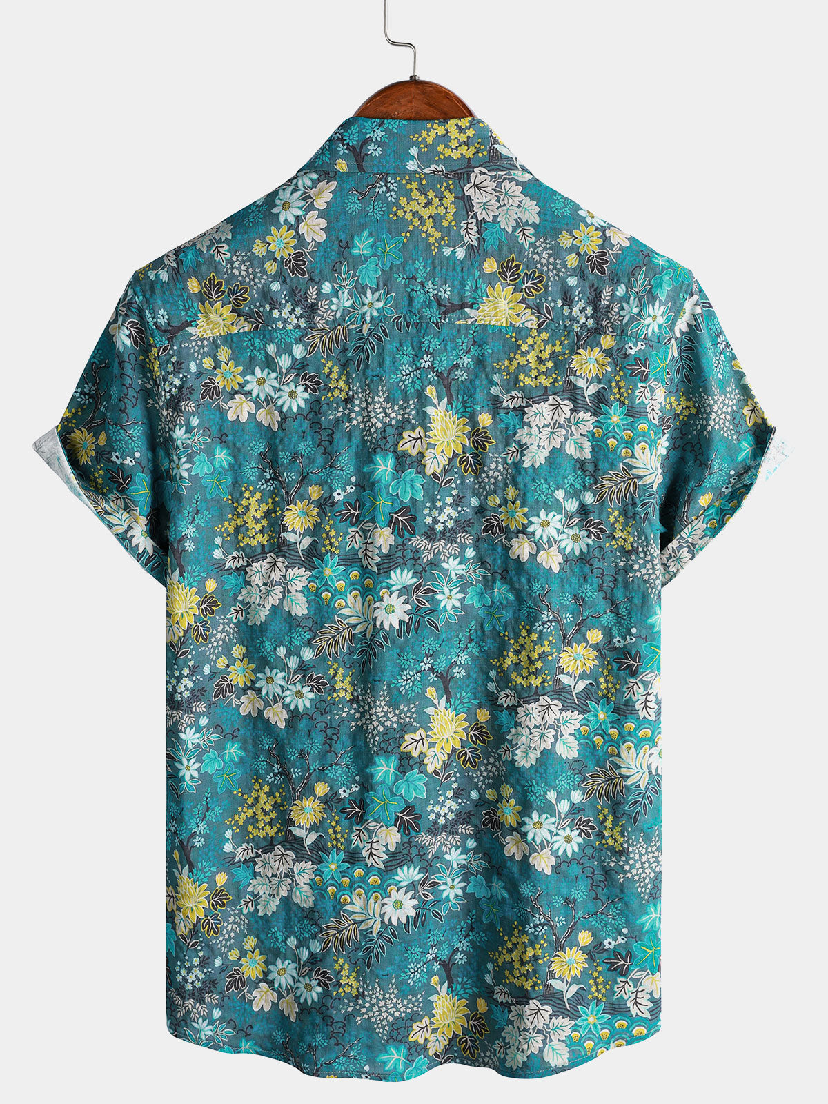 Camisa Hawaiian Tropical White Yellow floral estampado Chest Pocket de manga corta para hombre