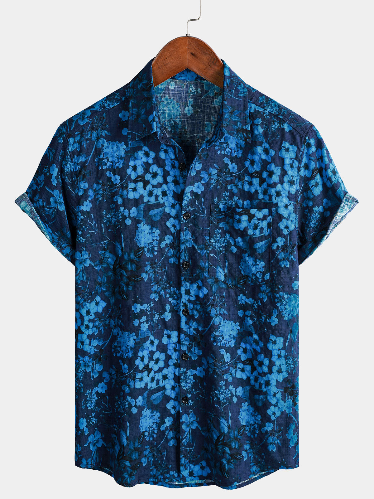 Camisa Hawaiian vintage Dark Blue floral estampado Chest Pocket de manga corta para hombre