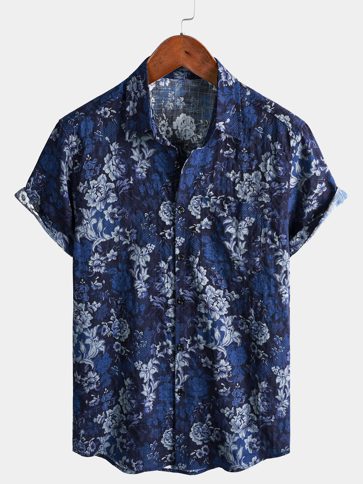Camisa Hawaiian Blue floral estampado transpirable Lightweight de algodón Chest Pocket de manga corta para hombre