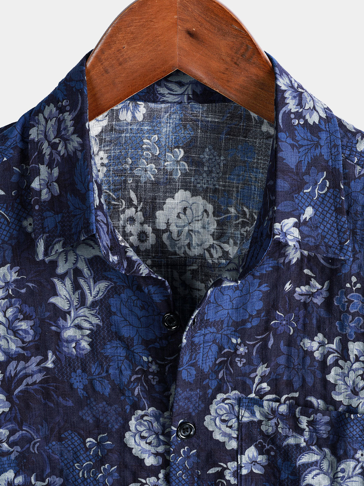 Camisa Hawaiian Blue floral estampado transpirable Lightweight de algodón Chest Pocket de manga corta para hombre