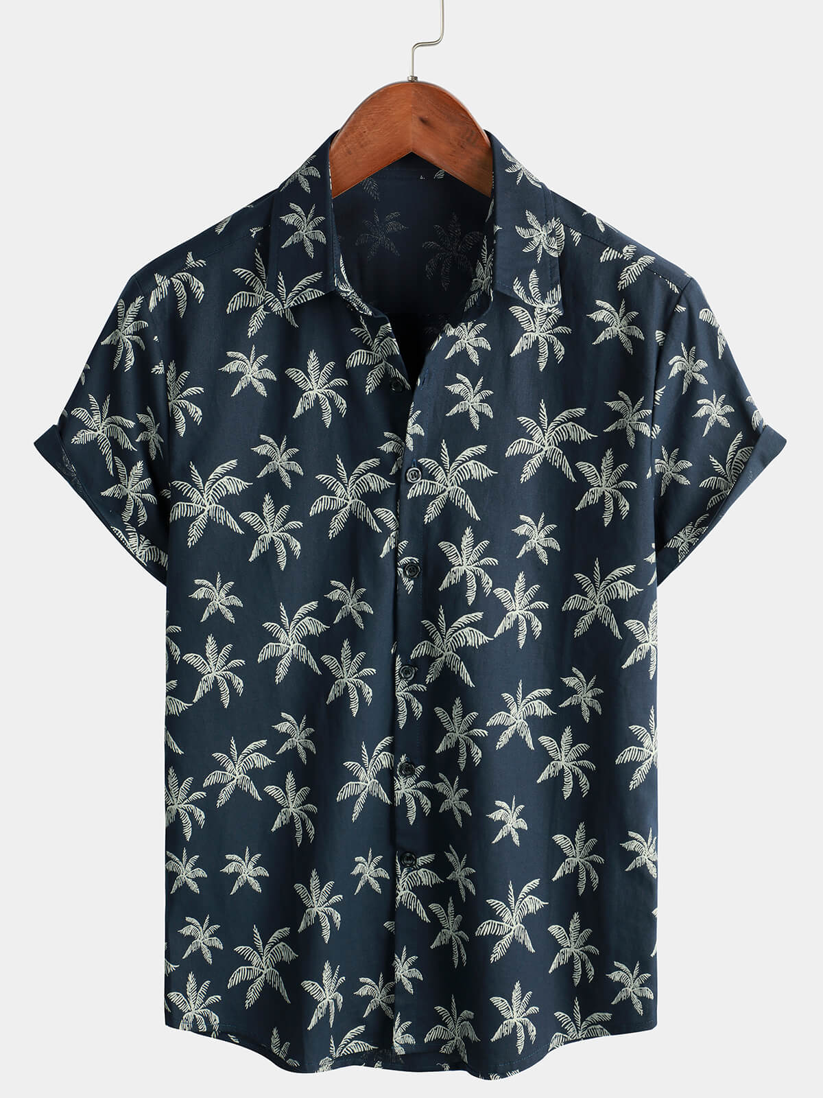 Camisa Palm Tree estampado de algodón Navy Blue Button Up de manga corta Hawaiian para hombre