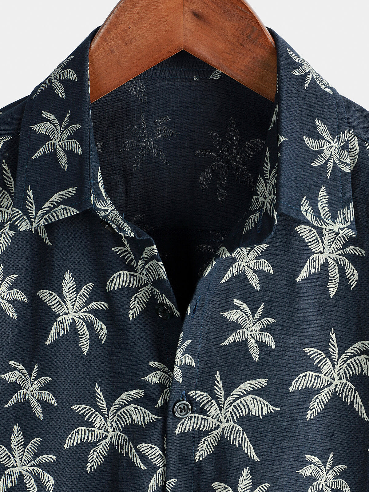 Camisa Palm Tree estampado de algodón Navy Blue Button Up de manga corta Hawaiian para hombre