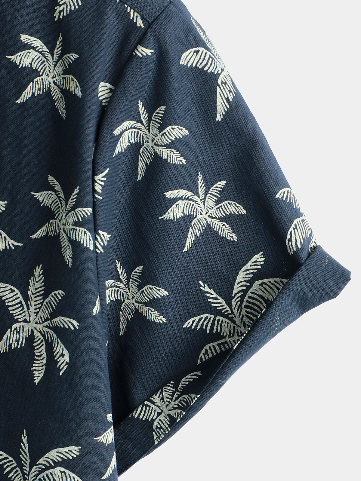 Camisa Palm Tree estampado de algodón Navy Blue Button Up de manga corta Hawaiian para hombre