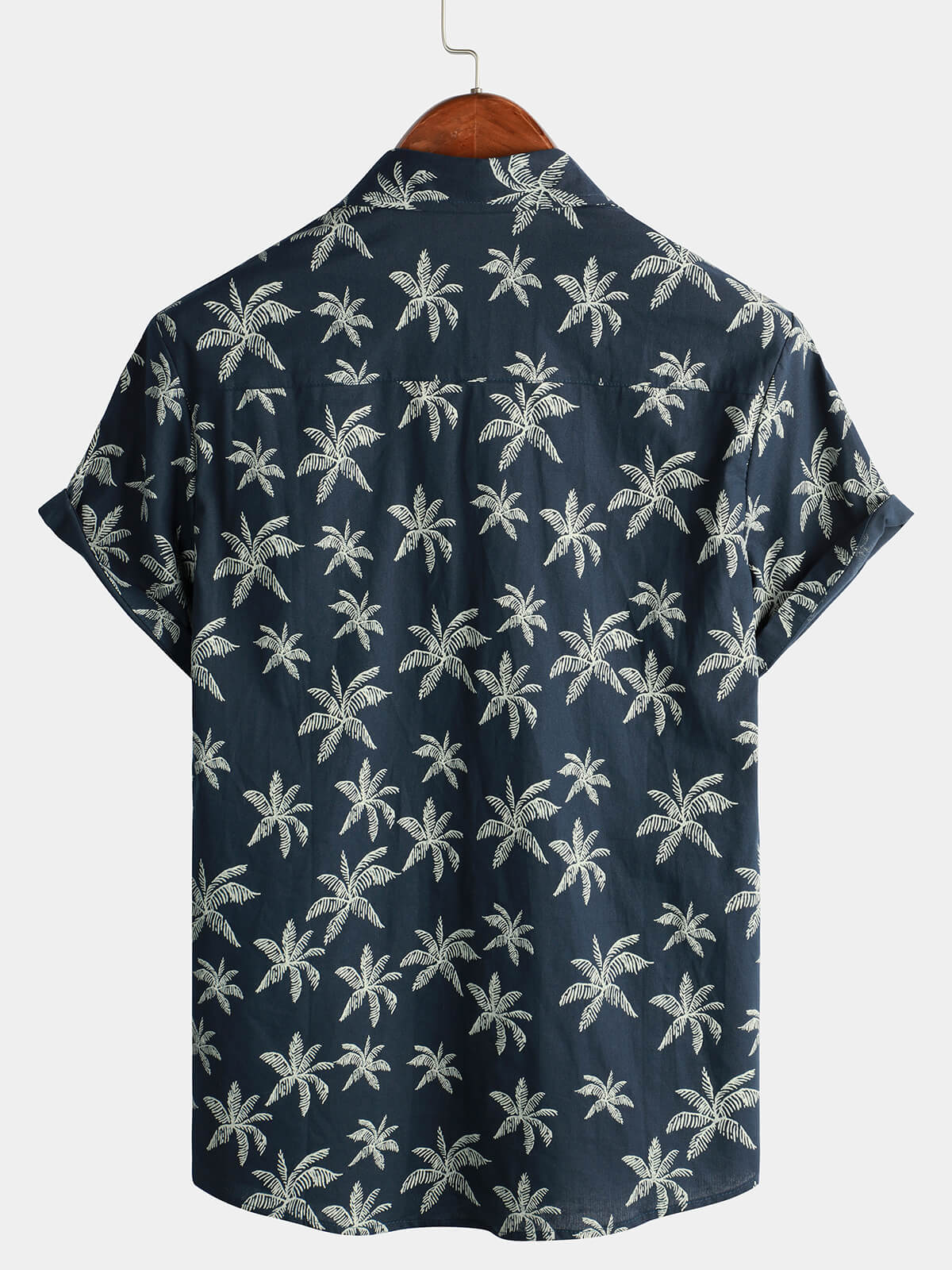 Camisa Palm Tree estampado de algodón Navy Blue Button Up de manga corta Hawaiian para hombre