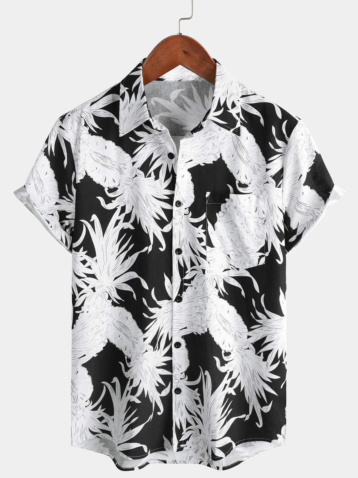 Camisa Pineapple estampado de algodón de lino Black and White Hawaiian Button Up de manga corta para hombre
