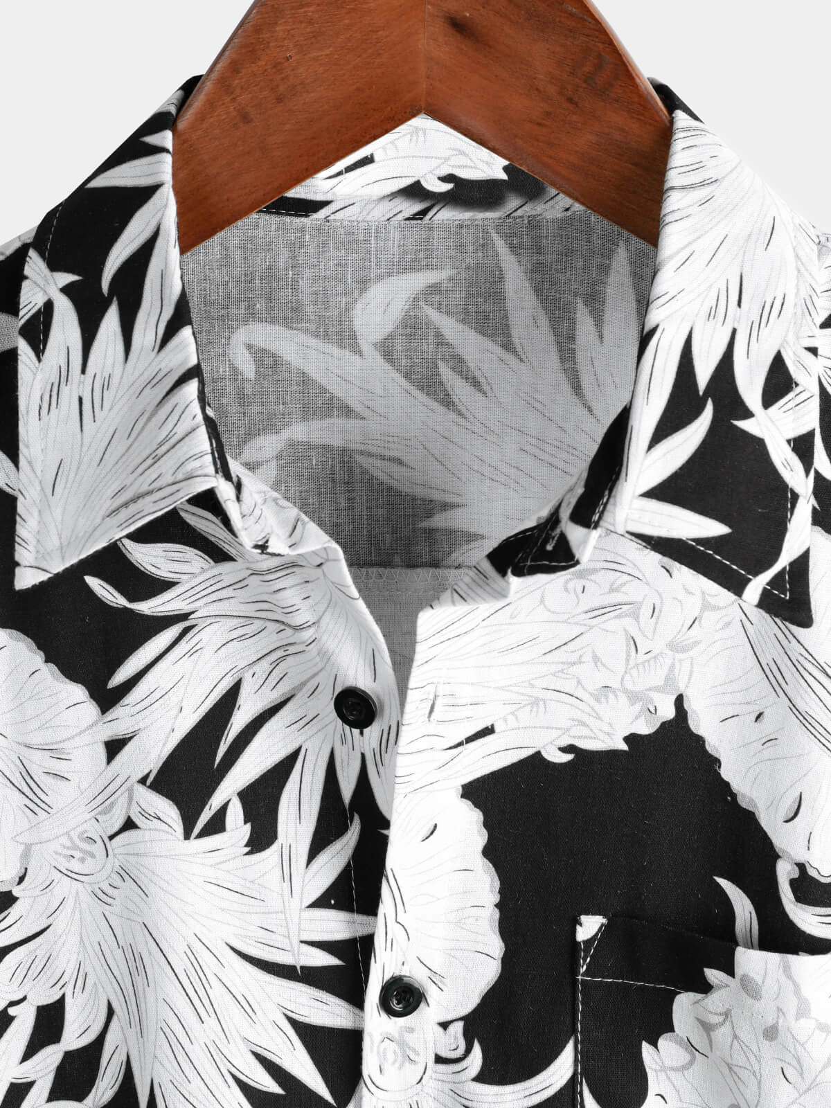 Camisa Pineapple estampado de algodón de lino Black and White Hawaiian Button Up de manga corta para hombre