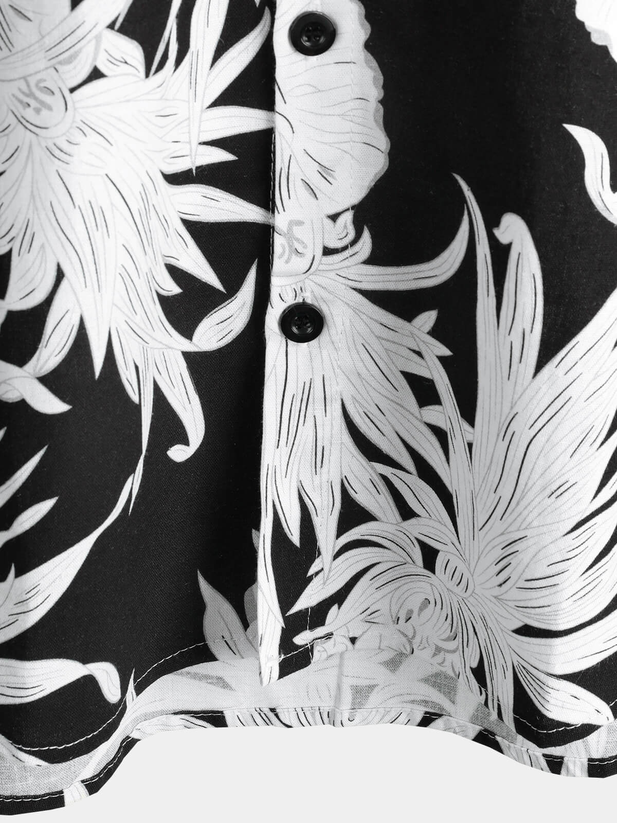 Camisa Pineapple estampado de algodón de lino Black and White Hawaiian Button Up de manga corta para hombre