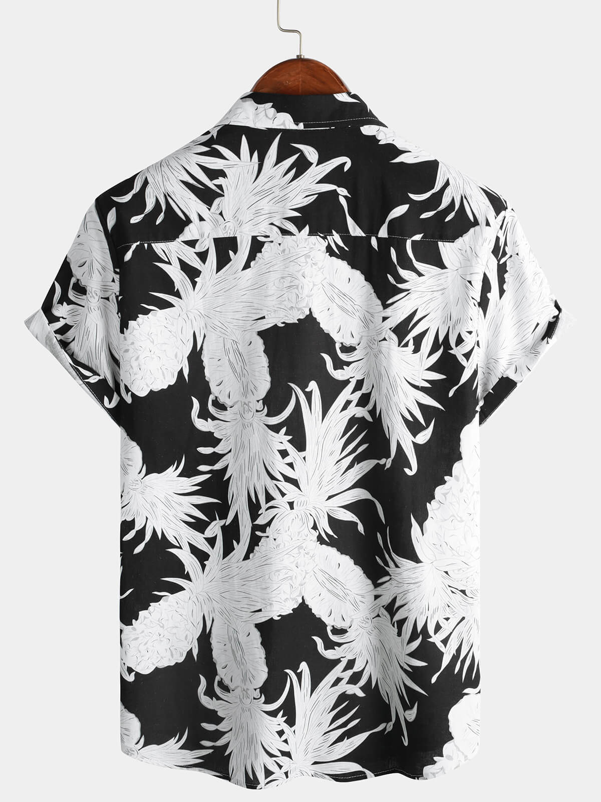 Camisa Pineapple estampado de algodón de lino Black and White Hawaiian Button Up de manga corta para hombre