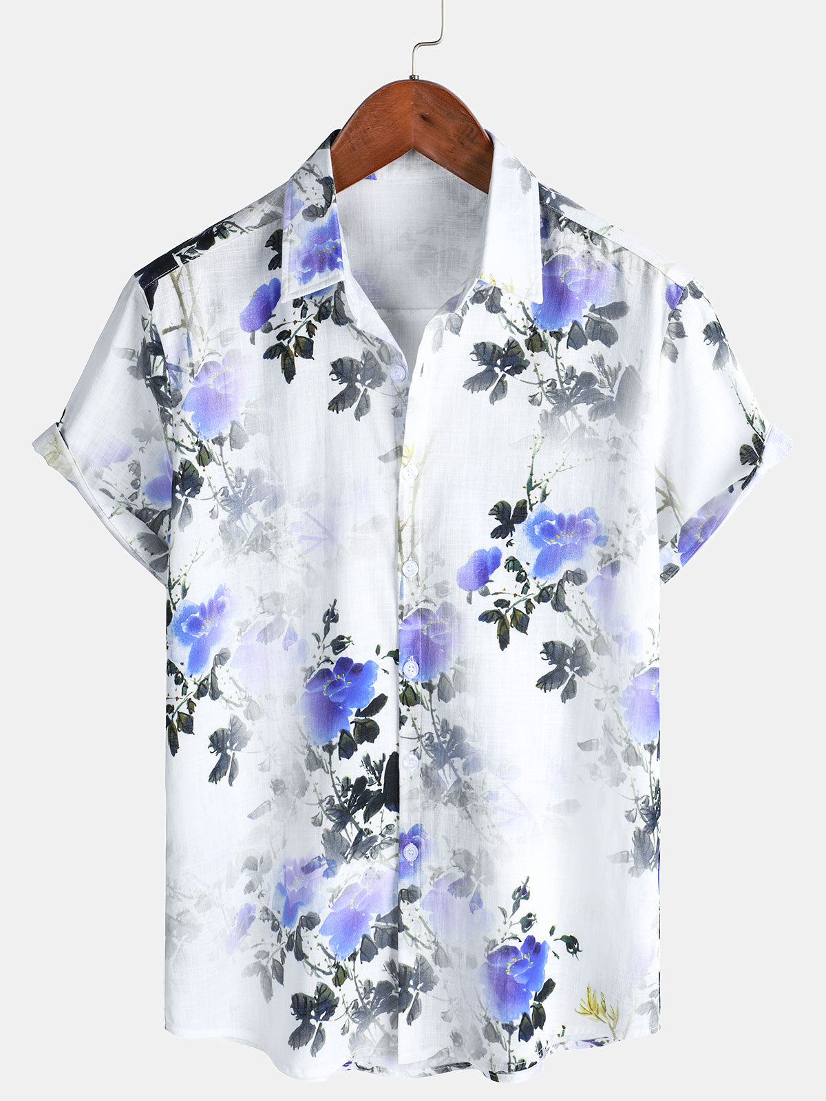 Camisa casual Holiday Summer floral estampado de manga corta de algodón para hombre
