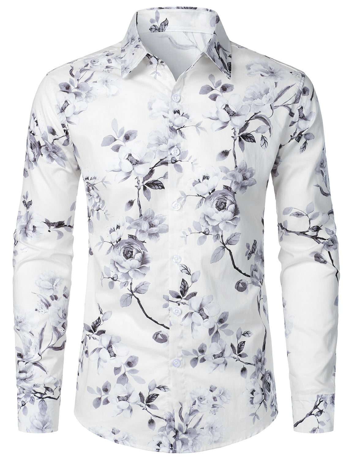 Camisa floral de algodón White de manga larga para hombre