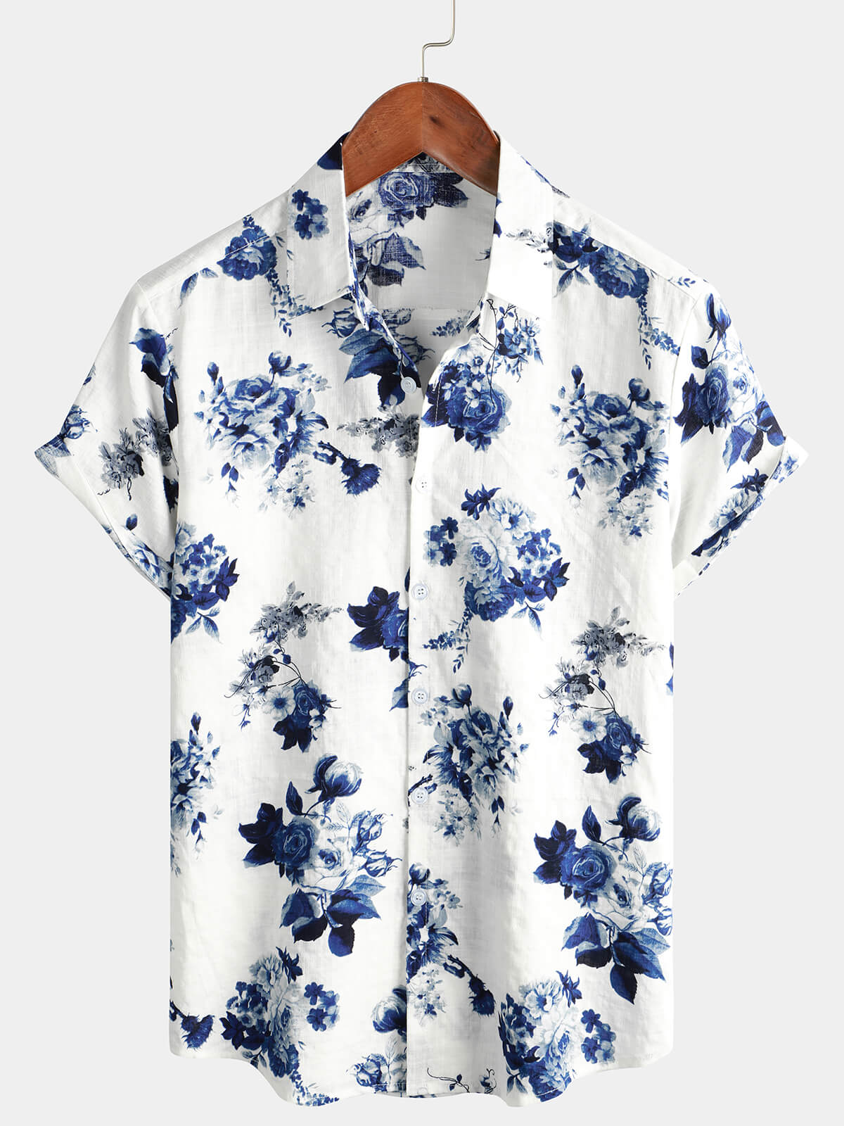 Camisa Blue floral estampado de algodón Beach Holiday Button Up de manga corta White Lapel Hawaiian para hombre