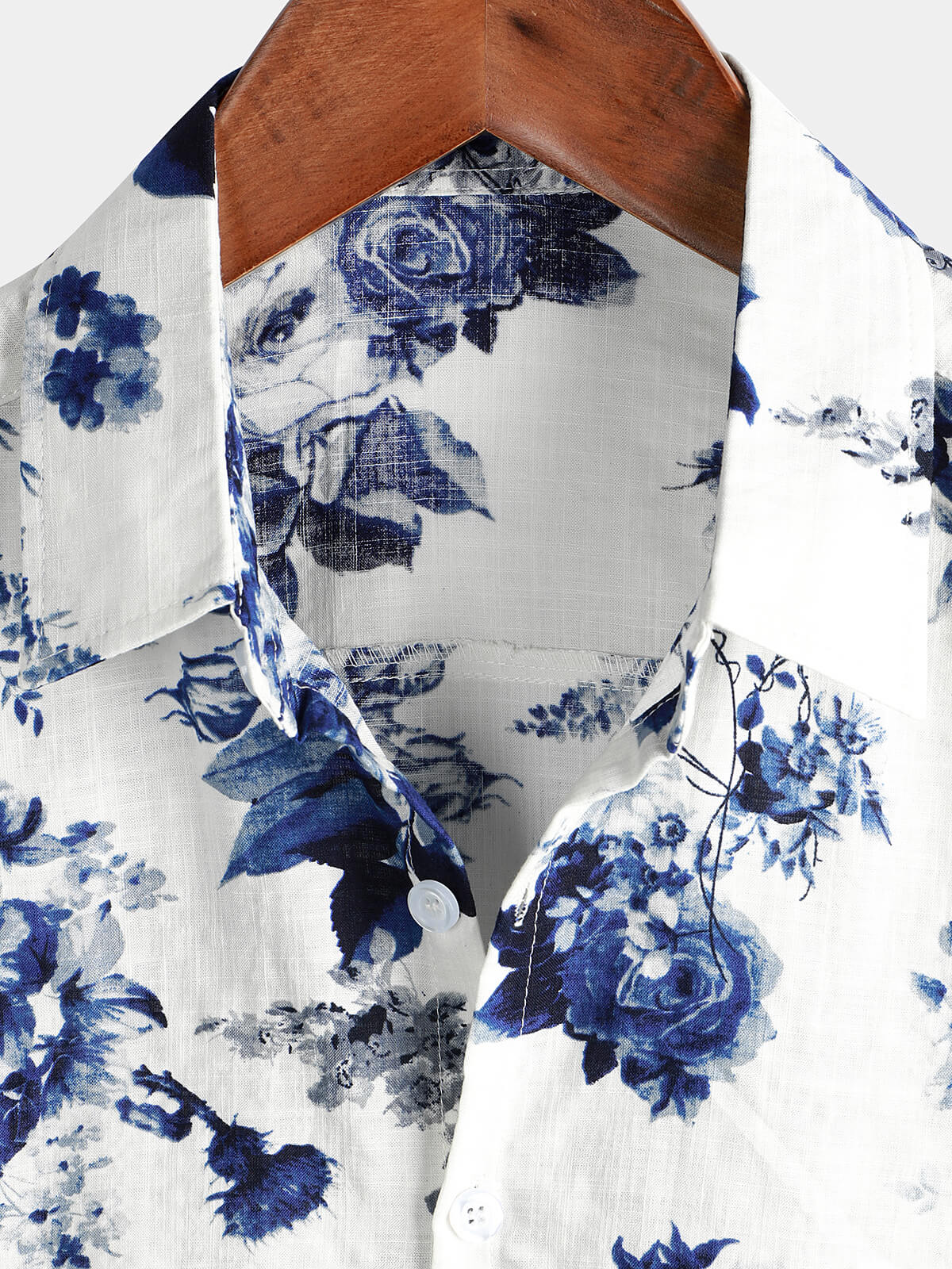 Camisa Blue floral estampado de algodón Beach Holiday Button Up de manga corta White Lapel Hawaiian para hombre