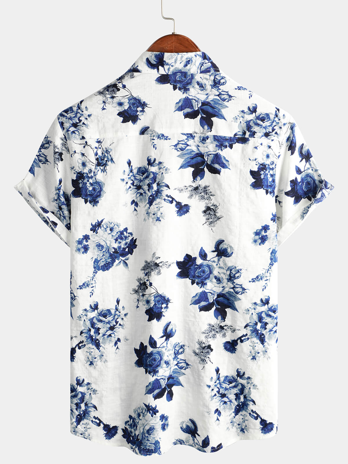 Camisa Blue floral estampado de algodón Beach Holiday Button Up de manga corta White Lapel Hawaiian para hombre