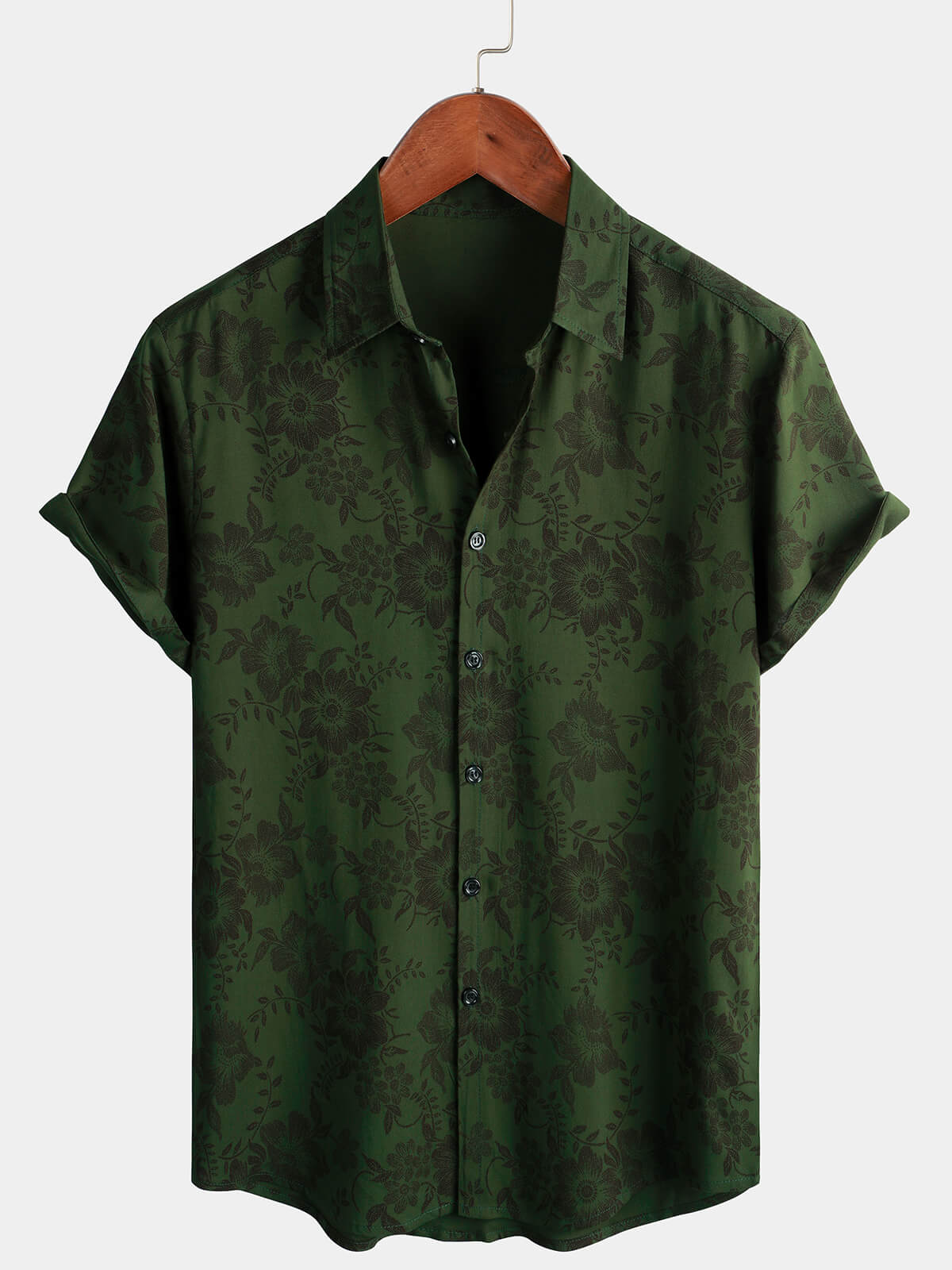 Camisa floral Dark Green Hawaiian vintage suave Beach Holiday Button Up de manga corta para hombre