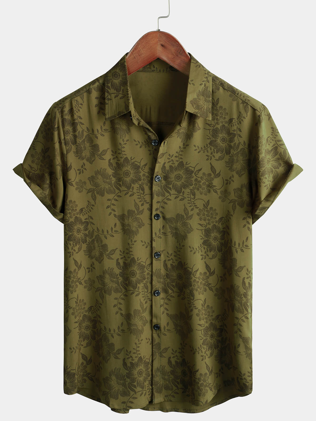 Camisa vintage floral Green de manga corta Cool retro 70s Summer Button Up para hombre