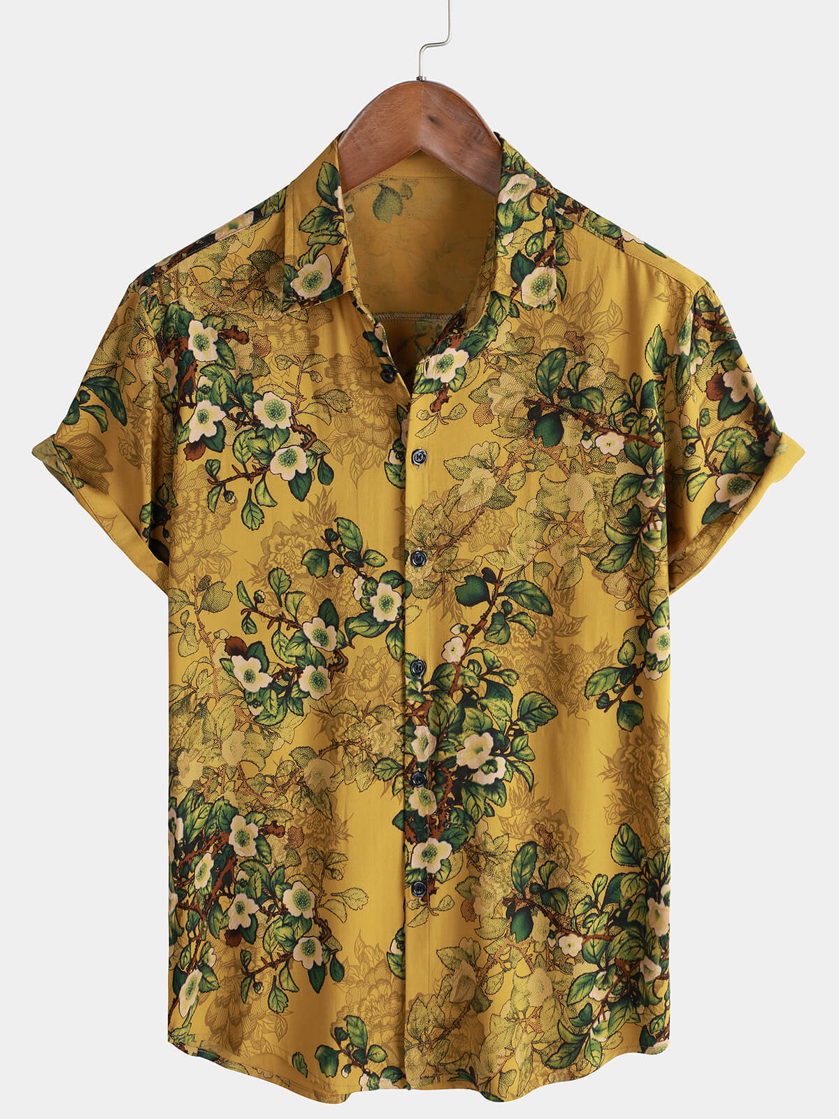 Camisa vintage Holiday casual Rayon suave floral de manga corta Button Up para hombre