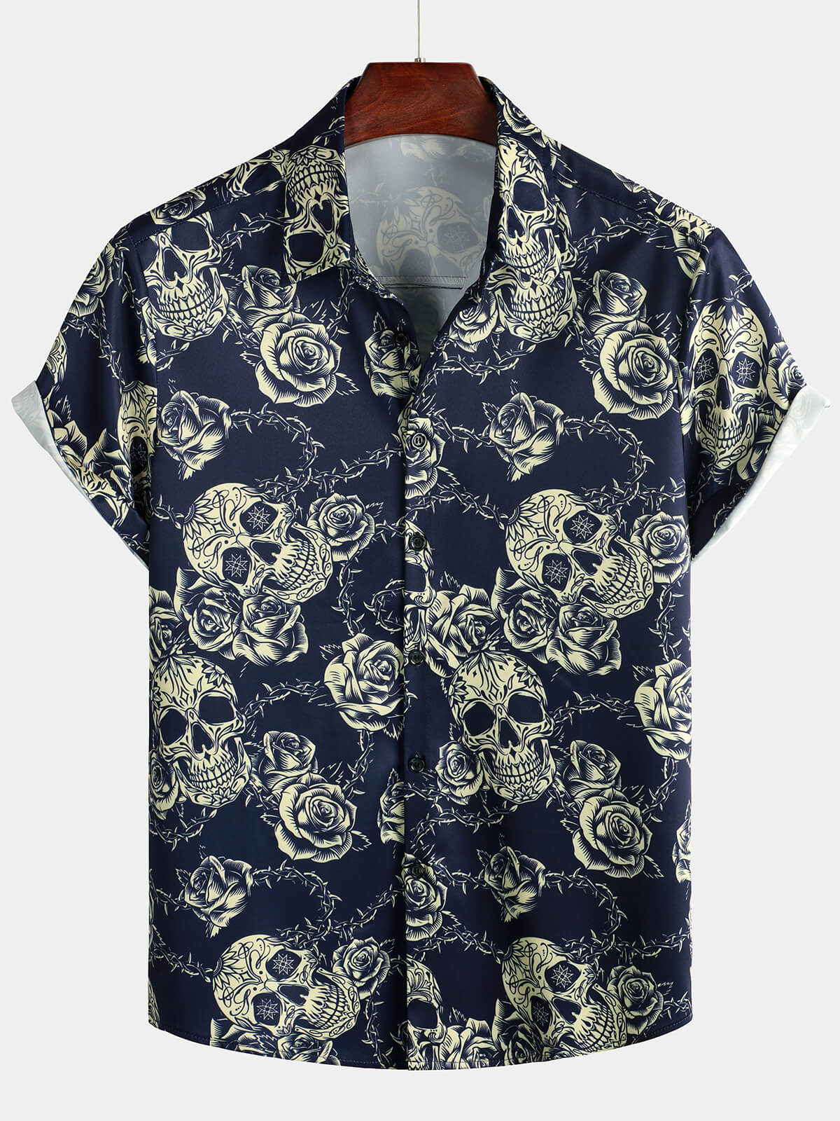 Camisa Rock Skull vintage Rose estampado Button Up de manga corta para hombre
