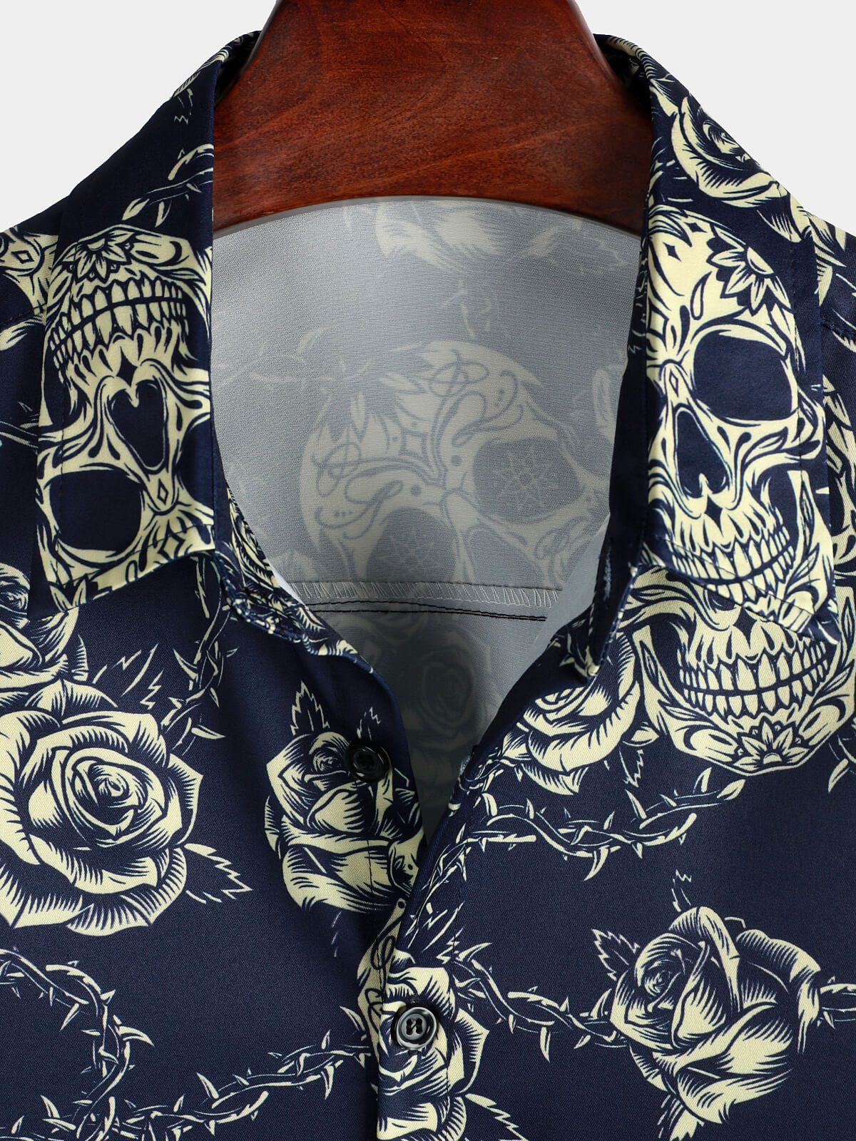 Camisa Rock Skull vintage Rose estampado Button Up de manga corta para hombre