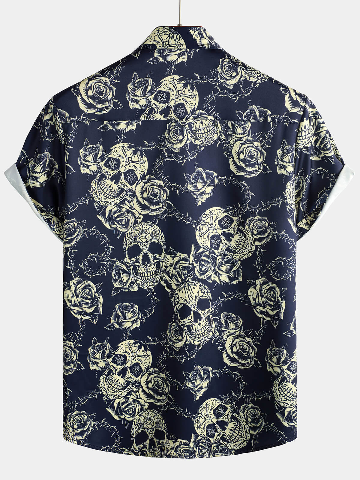 Camisa Rock Skull vintage Rose estampado Button Up de manga corta para hombre
