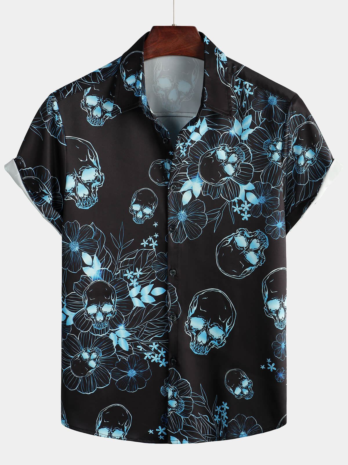 Camisa casual Blue floral Skull estampado Cool Button de manga corta para hombre