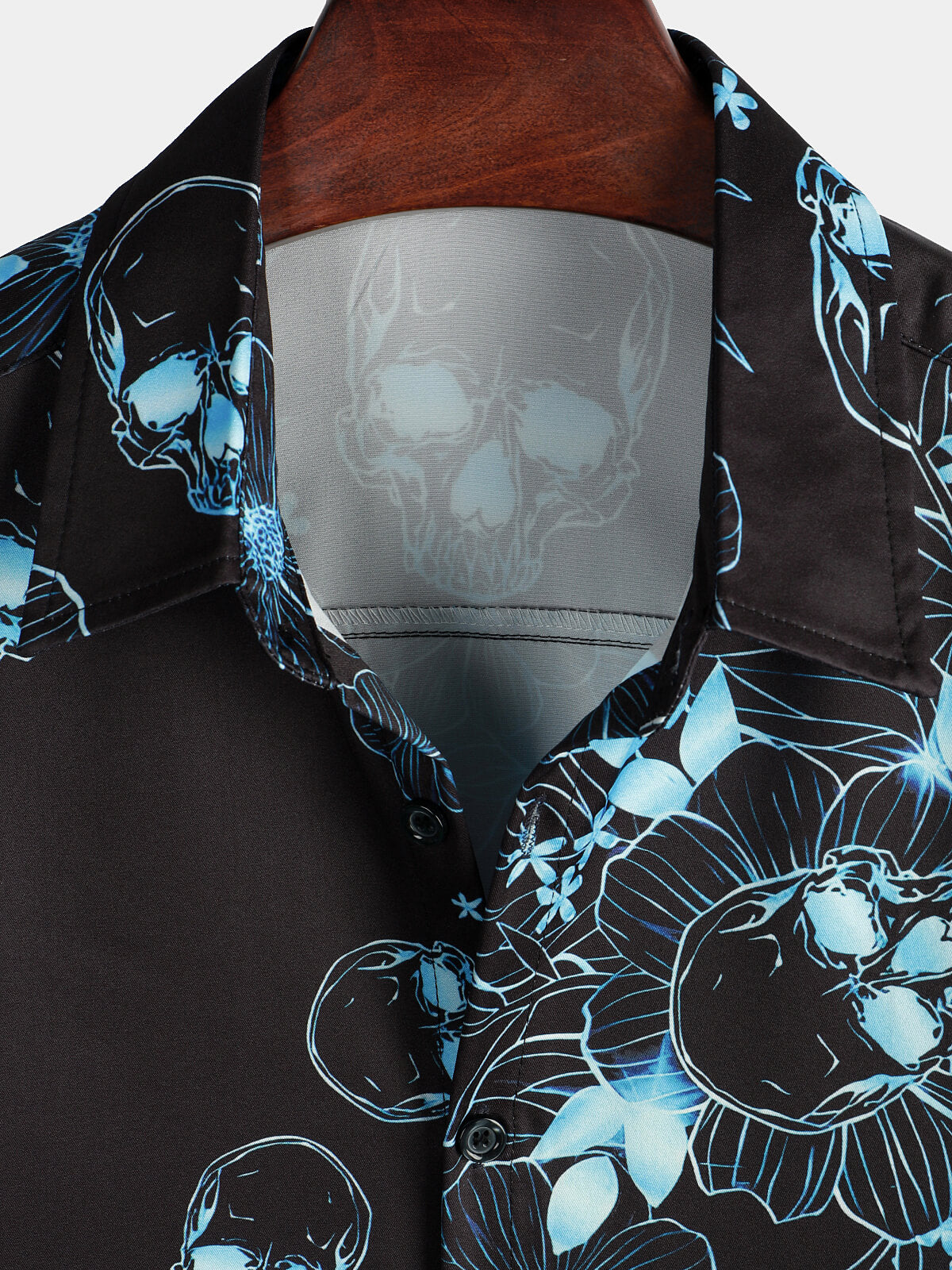 Camisa casual Blue floral Skull estampado Cool Button de manga corta para hombre