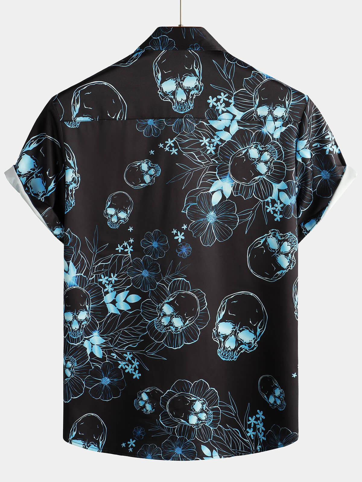 Camisa casual Blue floral Skull estampado Cool Button de manga corta para hombre