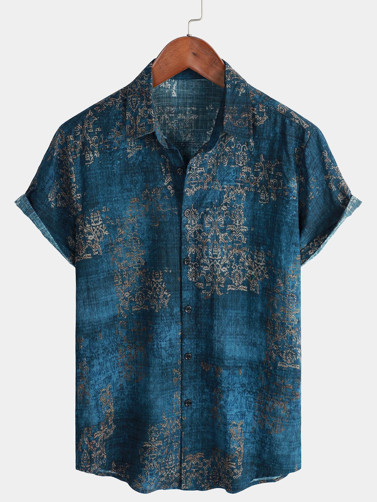 Camisa Blue de algodón vintage de manga corta Summer Button Up para hombre