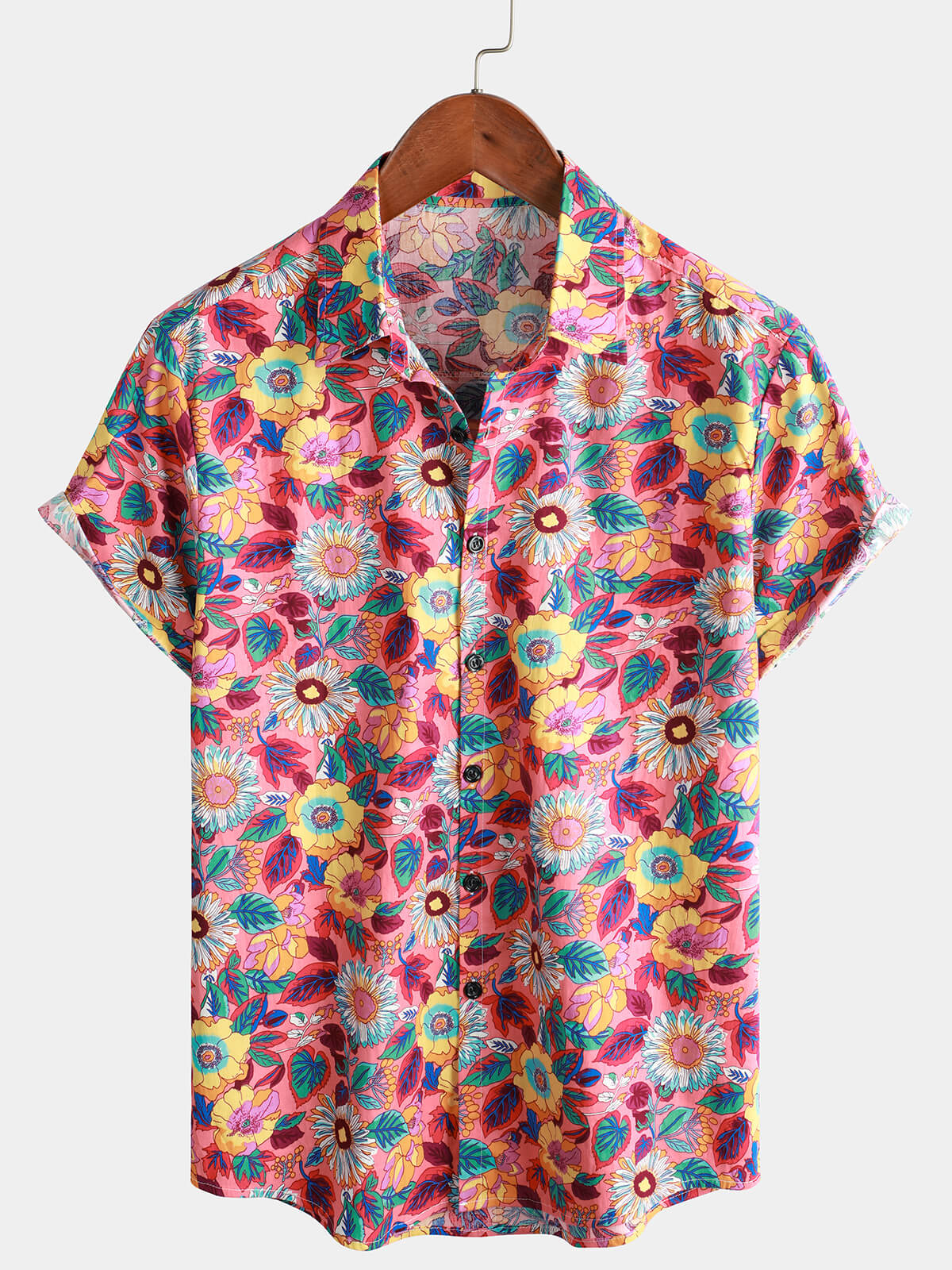 Camisa Pink floral 100% de algodón transpirable Summer de manga corta Hawaiian Button Up para hombre