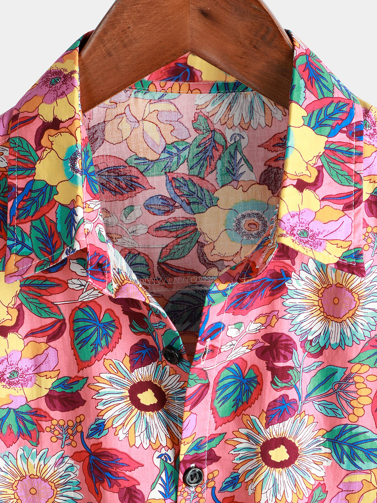Camisa Pink floral 100% de algodón transpirable Summer de manga corta Hawaiian Button Up para hombre
