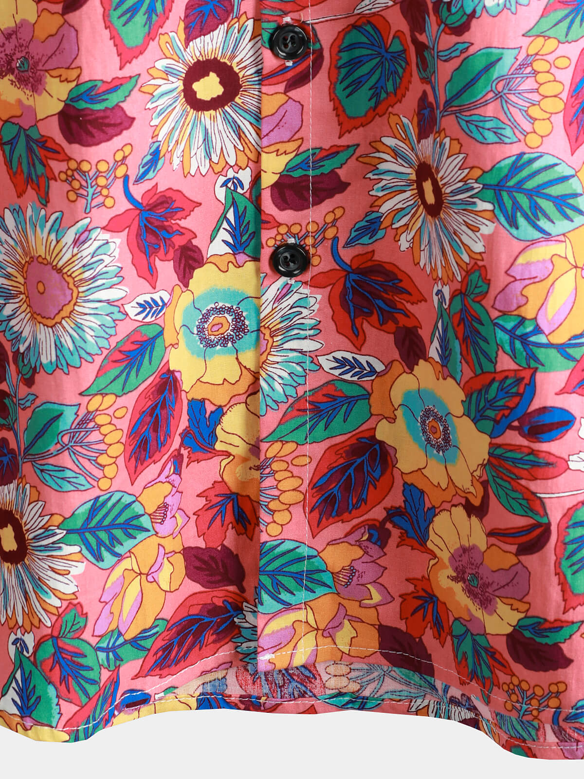 Camisa Pink floral 100% de algodón transpirable Summer de manga corta Hawaiian Button Up para hombre