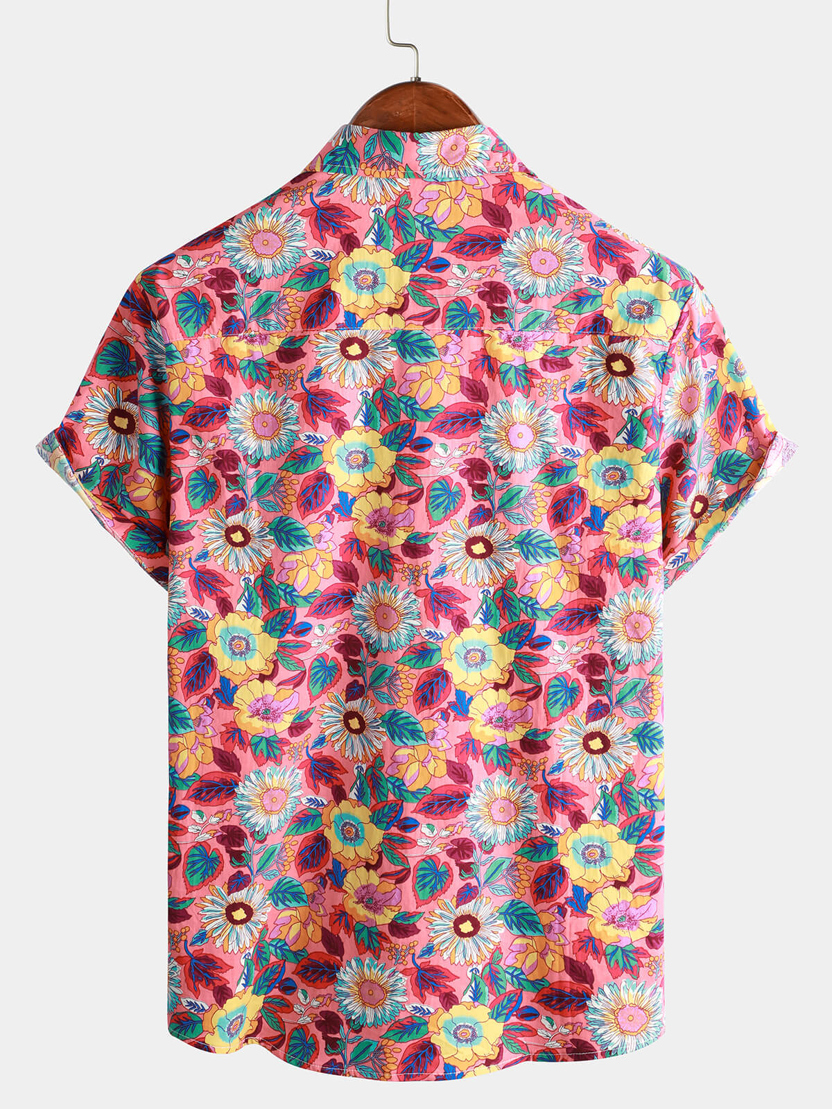 Camisa Pink floral 100% de algodón transpirable Summer de manga corta Hawaiian Button Up para hombre