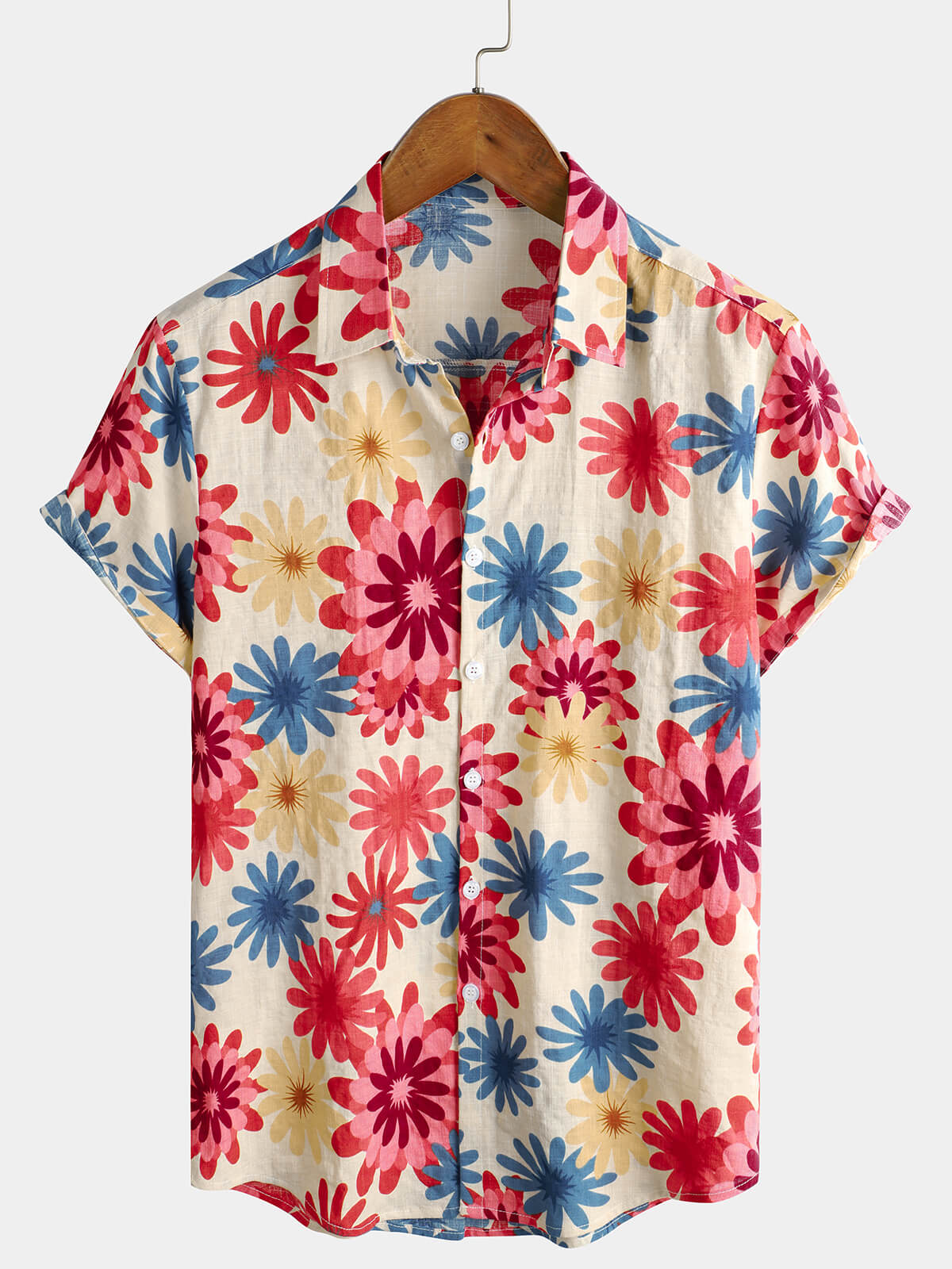 Camisa floral de algodón Daisy Flower Summer Beach Holiday de manga corta Hawaiian Button Up para hombre