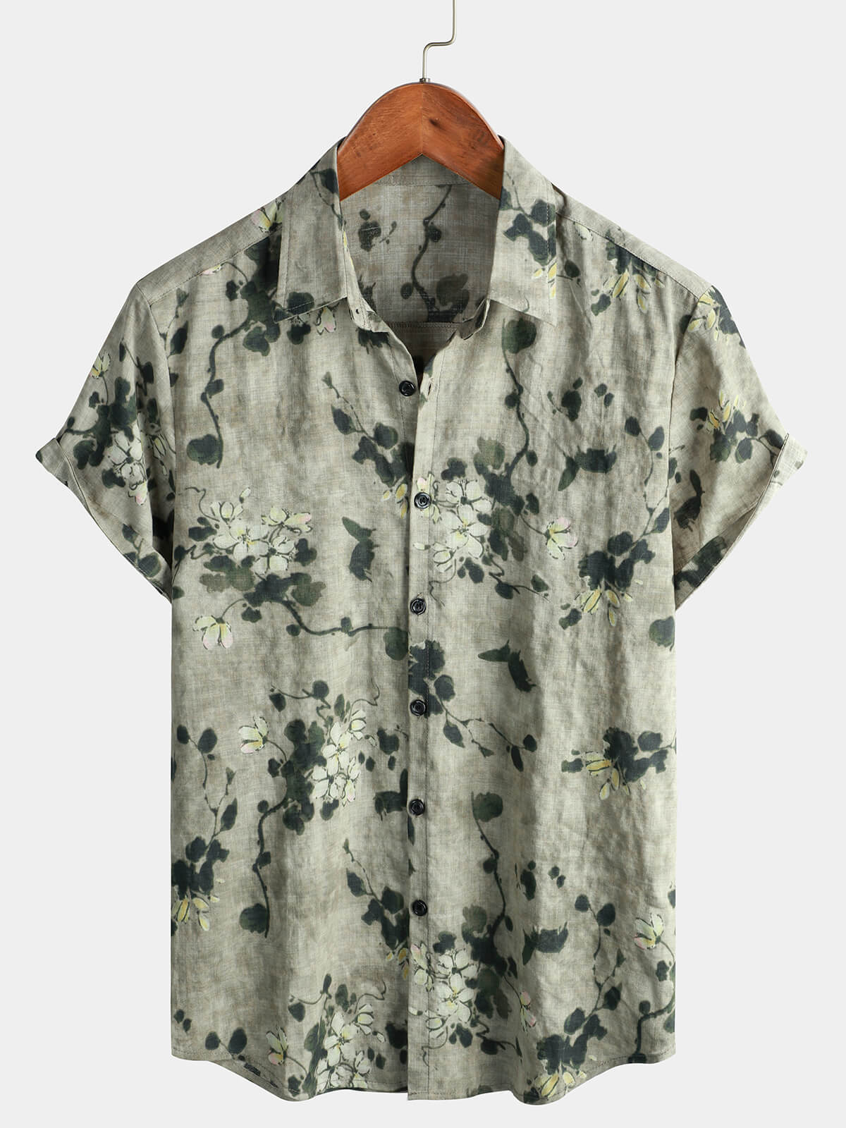 Camisa vintage floral de algodón transpirable de manga corta Grey Button Up para hombre