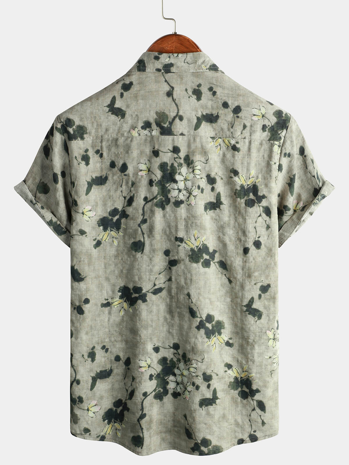 Camisa vintage floral de algodón transpirable de manga corta Grey Button Up para hombre