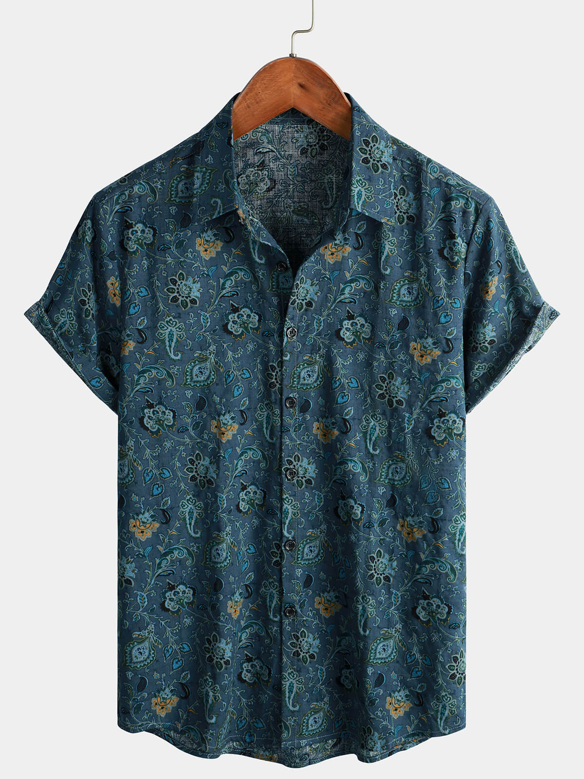 Camisa Paisley vintage floral retro Button Up Blue Summer Holiday de manga corta para hombre